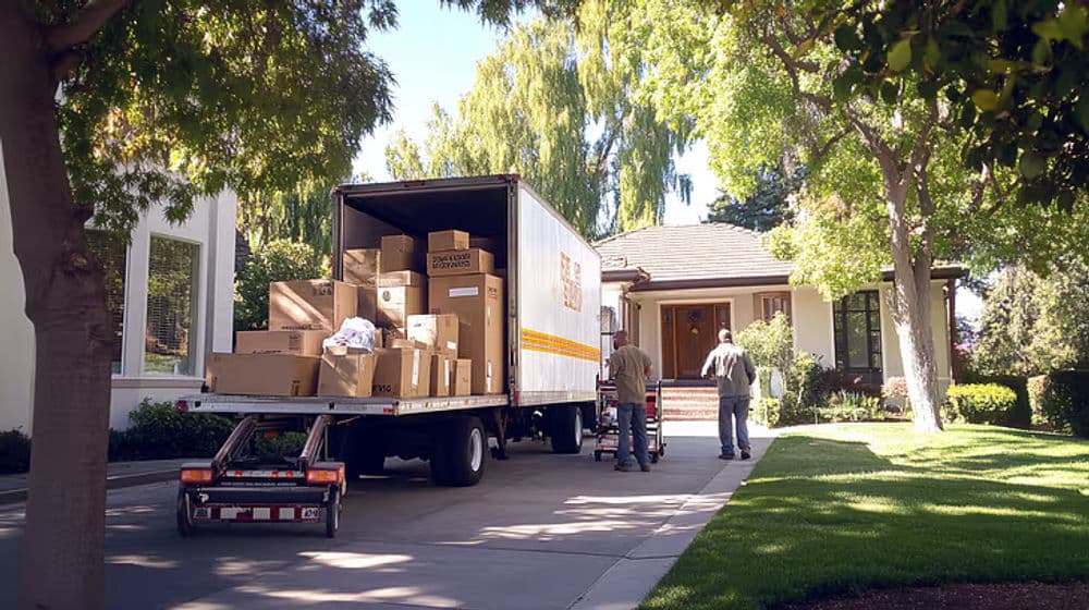 Moving truck unloading boxes in front of a suburban home on a sunny day.
